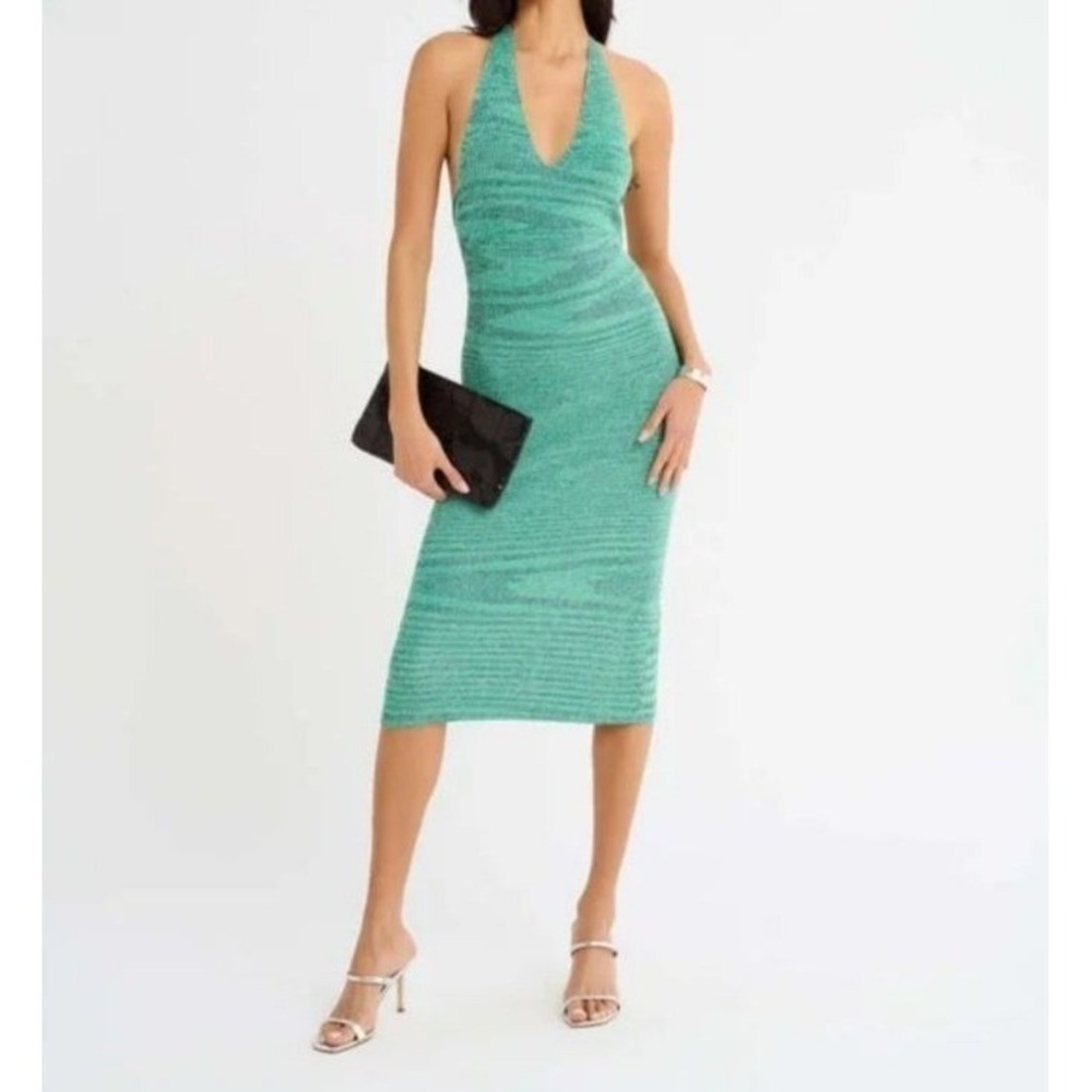 Rumored Green Halter Knit Bodycon Midi L Dress Open Back‎ Coastal Chic Cocktail